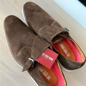 Stacy Adams Brown Suede Monk Strap Loafers with Pink-Orange Lining